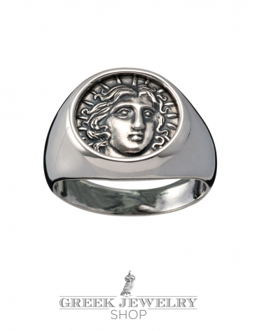 Rhodes island - city of Rhodes jewelry - Helios ancient sun god. Greek pinky (signet) coin ring 