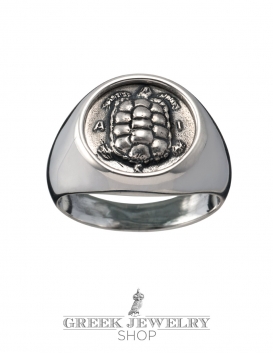 Silver Aegina Land Tortoise chevalier coin ring. (Zakynthos Kareta)