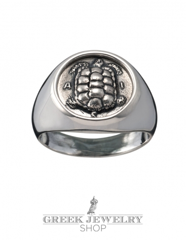 Silver Aegina Land Tortoise chevalier coin ring. (Zakynthos Kareta)