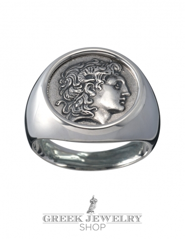 Alexander the Great ancient greek silver coin ring. Large