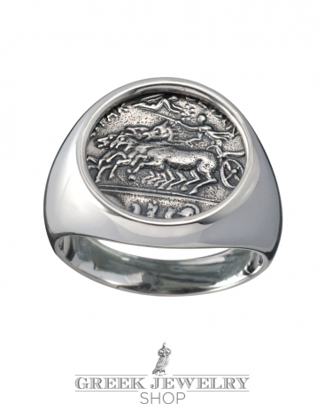 1120 Syracuse, Sicily charioteer crowned by Nike (victory) chevalier coin ring, (L)