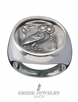 Large Mens Owl of Wisdom (wise owl) Greek coin ring