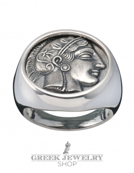 Greek Goddess Athena silver chevalier coin ring from greekjewelryshop.com