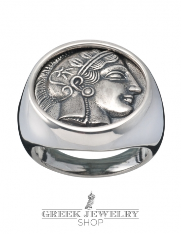 Greek Goddess Athena silver chevalier coin ring from greekjewelryshop.com