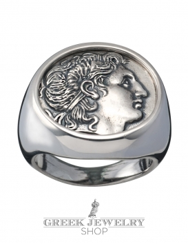 Large impressive Mens Alexander the Great chevalier coin ring. Greek Jewelry Shop