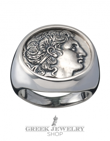 Large impressive Mens Alexander the Great chevalier coin ring. Greek Jewelry Shop