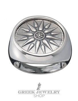 Silver Macedonia Star - Sun - Starburst Greek large Coin Ring 