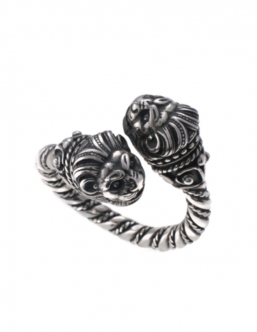38/S Hand-coiled Silver Double Headed Lion Torc Ring