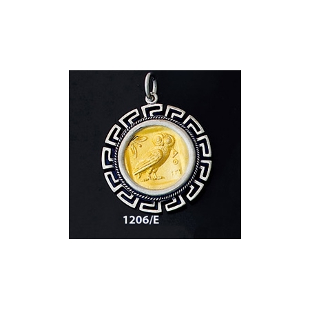 1206/E Large Owl Of Wisdom Coin Pendant with Greek Key Pattern