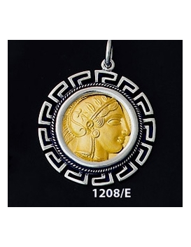1208/E Large Goddess Athena Coin Pendant with Greek Key Pattern ( Gold Plated)