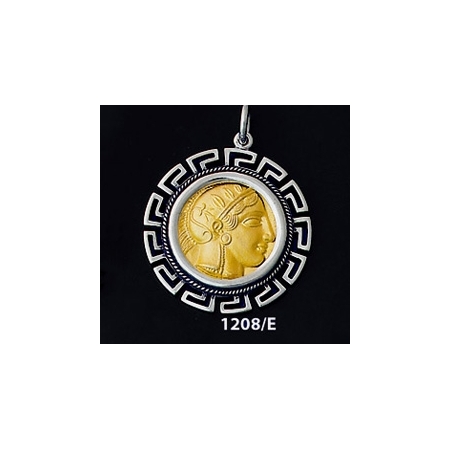1208/E Large Goddess Athena Coin Pendant with Greek Key Pattern ( Gold Plated)