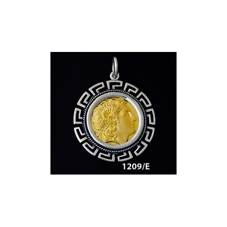 1209/E Large Alexander The Great (Lysimachos)  Coin Pendant with Greek Key Pattern ( Gold Plated)