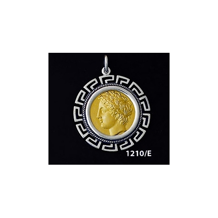 1210/E Large Chalkidian League God Apollo Coin Pendant with Greek Key Pattern ( Gold Plated)