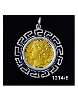 1214/E Large Syracuse Arethousa/Artemis/Persephone Coin Pendant with Greek Key Pattern ( Gold Plated)
