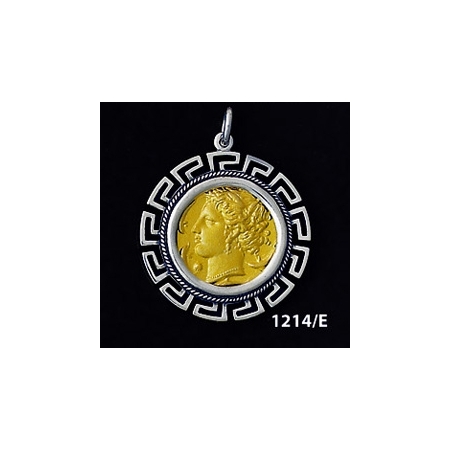 1214/E Large Syracuse Arethousa/Artemis/Persephone Coin Pendant with Greek Key Pattern ( Gold Plated)