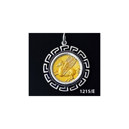 1215/E  Large Pegasi/Pegasus Coin Pendant with Greek Key Pattern ( Gold Plated)