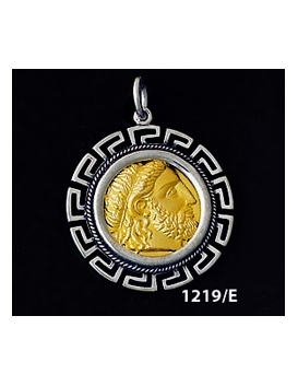1219/E Large Phillip II Macedon Depicting Zeus Coin Pendant with Greek Key Pattern ( Gold Plated)