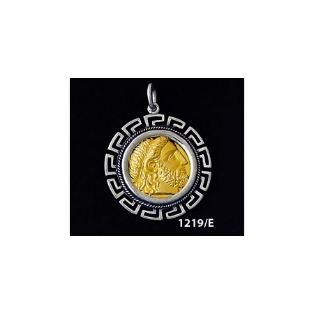 1219/E Large Phillip II Macedon Depicting Zeus Coin Pendant with Greek Key Pattern ( Gold Plated)