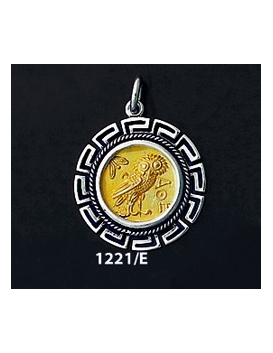 1221/E Medium Owl Of Wisdom Coin Pendant with Greek Key Pattern (Gold Plated)