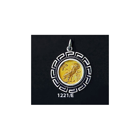 1221/E Medium Owl Of Wisdom Coin Pendant with Greek Key Pattern (Gold Plated)