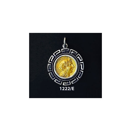 1222/E Medium Goddess Athena Coin Pendant with Greek Key Pattern (Gold Plated)
