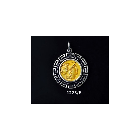 1223/E Medium Helmetted Athena Coin Pendant with Greek Key Pattern (Gold Plated)
