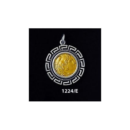 1224/E Alexander The Great (Hercules) Coin Pendant with Greek Key Pattern (Gold Plated)