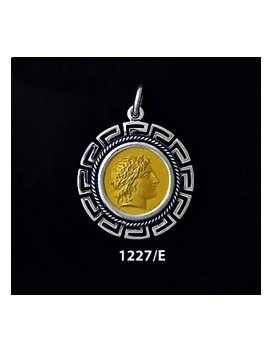 1227/E Medium Chalkidian League God Apollo Coin Pendant with Greek Key Pattern (Gold Plated)