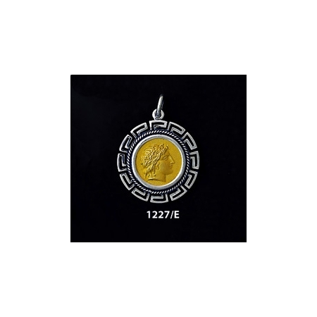 1227/E Medium Chalkidian League God Apollo Coin Pendant with Greek Key Pattern (Gold Plated)