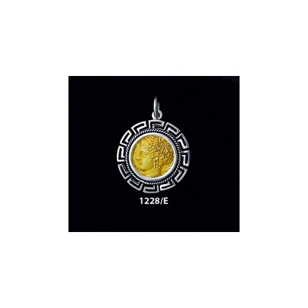 1228/E Medium Syracuse Arethousa/Artemis/Persephone Coin Pendant with Greek Key Pattern (Gold Plated