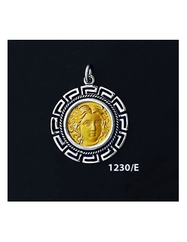 1230/E Medium Rhodes Island- Helios Ancient Sun God Coin Pendant with Greek Key Pattern (Gold Plated)