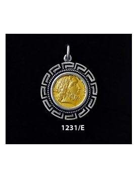 1231/E Medium Phillip II Macedon Depicting Zeus Coin Pendant with Greek Key Pattern (Gold Plated)