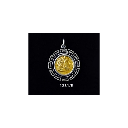 1231/E Medium Phillip II Macedon Depicting Zeus Coin Pendant with Greek Key Pattern (Gold Plated)