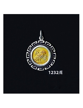 1232/E Smalll Owl Of Wisdom Coin Pendant with Greek Key Pattern (Gold Plated)