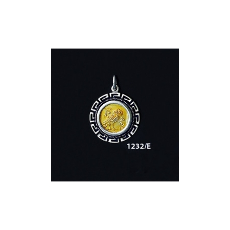 1232/E Smalll Owl Of Wisdom Coin Pendant with Greek Key Pattern (Gold Plated)