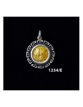 1234/E Small Helmetted Athena Coin Pendant with Greek Key Pattern (Gold Plated)