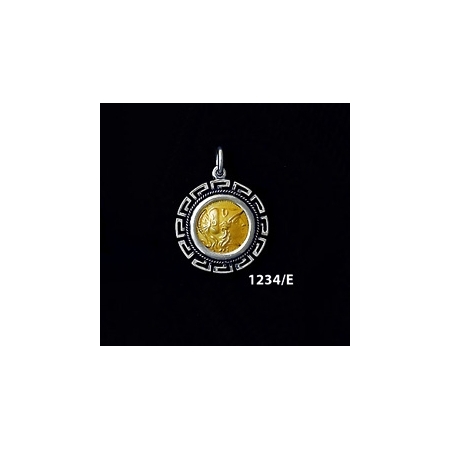 1234/E Small Helmetted Athena Coin Pendant with Greek Key Pattern (Gold Plated)