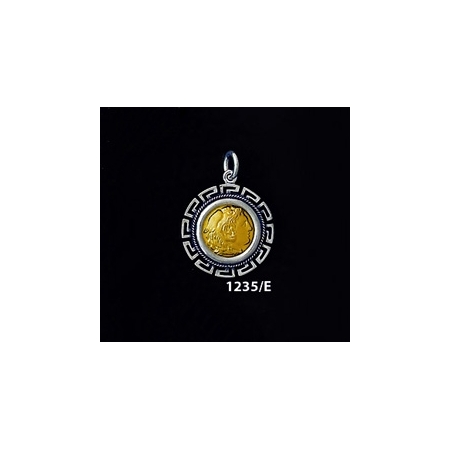 1235/E Small Alexander The Great (Hercules) Coin Pendant with Greek Key Pattern (Gold Plated)