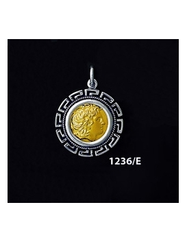 1236/E Small Alexander The Great (Lysimachos) Coin Pendant with Greek Key Pattern (Gold Plated)