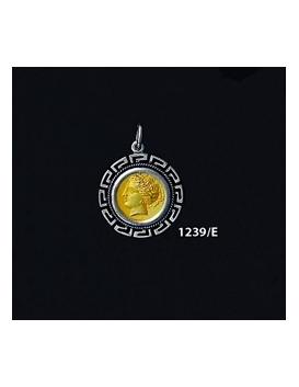 1239/E Small Syracuse Arethousa/Artemis/Persephone Coin Pendant with Greek Key Pattern (Gold Plated)