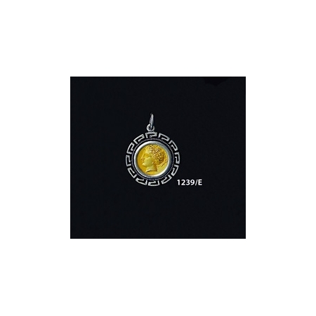 1239/E Small Syracuse Arethousa/Artemis/Persephone Coin Pendant with Greek Key Pattern (Gold Plated)