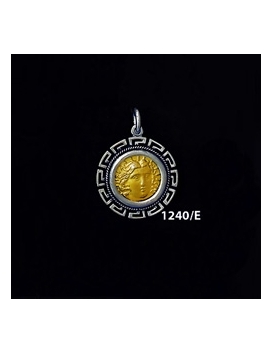 1240/E Small Rhodes Island- Helios Ancient Sun God Coin Pendant with Greek Key Pattern (Gold Plated)