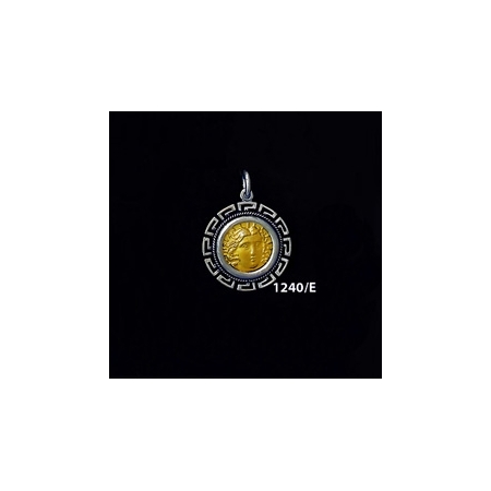 1240/E Small Rhodes Island- Helios Ancient Sun God Coin Pendant with Greek Key Pattern (Gold Plated)