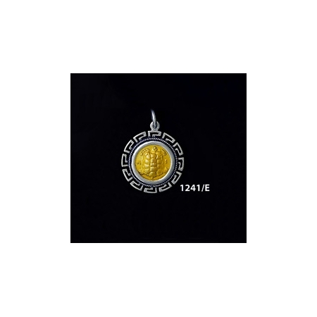 1241/E Small Aegina Land Tortoise Coin Pendant with Greek Key Pattern (Gold Plated)